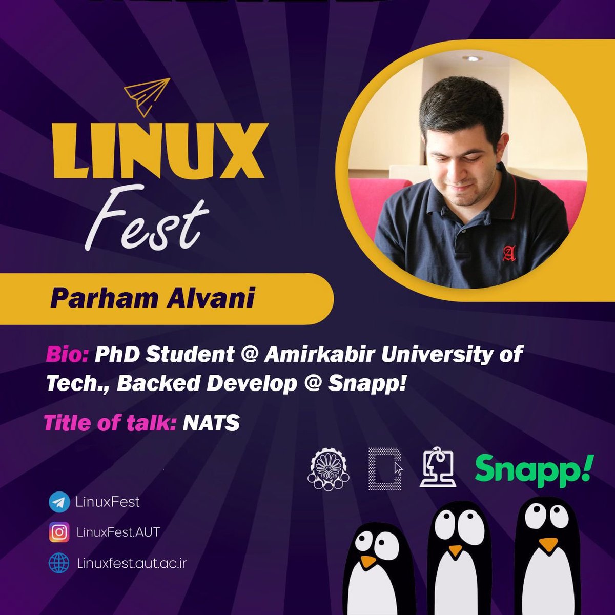 LinuxFestival's tweet photo. #معرفی_ارائه‌دهنده

👨‍🏫 مهندس پرهام الوانی
دانشجوی دکتری در دانشگاه صنعتی امیرکبیر، توسعه دهنده بک-اند در اسنپ

🗣 NATS https://t.co/Jp46bjCpEb