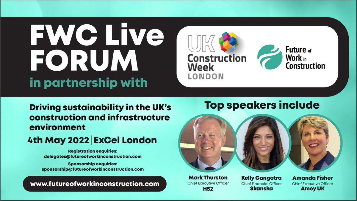 Book your place for the <a href="/FWC2gether/">Future of Work in Construction</a> Live Forum.

Co-located with UKCW London on 4th May.

The FWC Live Forum will cover the challenges, concerns &amp; opportunities facing the UK construction industry.

Speakers include:
Mark Thurston from <a href="/HS2ltd/">HS2 Ltd</a>

Info here | bit.ly/3qt3GNG