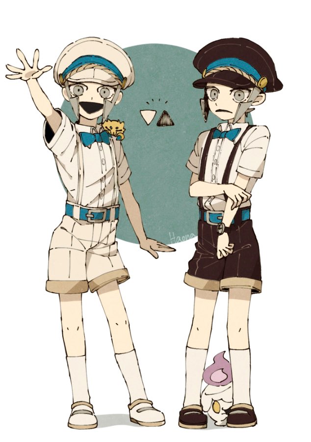 ingo (pokemon) shorts 2boys multiple boys brothers white shirt hat siblings  illustration images