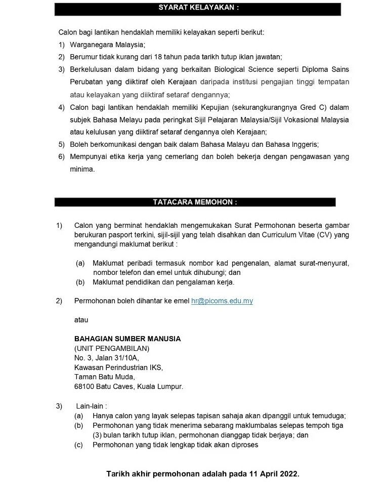 official_ucmi's tweet photo. JAWATAN KOSONG
Adakah anda yang kami cari?
- Juruteknologi Makmal

Kepada mereka yang berkelayakan untuk mengisi jawatan kosong di PICOMS ini, sila lampirkan bersama resume/cv anda kepada: hr@picoms.edu.my

#jawatankosong
#kerjakosong #kerjakosong2022 
#JOMMasukPICOMS https://t.co/xC4pKmVJCA