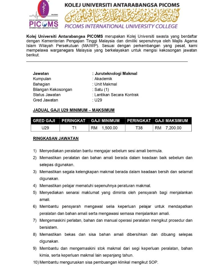 official_ucmi's tweet photo. JAWATAN KOSONG
Adakah anda yang kami cari?
- Juruteknologi Makmal

Kepada mereka yang berkelayakan untuk mengisi jawatan kosong di PICOMS ini, sila lampirkan bersama resume/cv anda kepada: hr@picoms.edu.my

#jawatankosong
#kerjakosong #kerjakosong2022 
#JOMMasukPICOMS https://t.co/xC4pKmVJCA