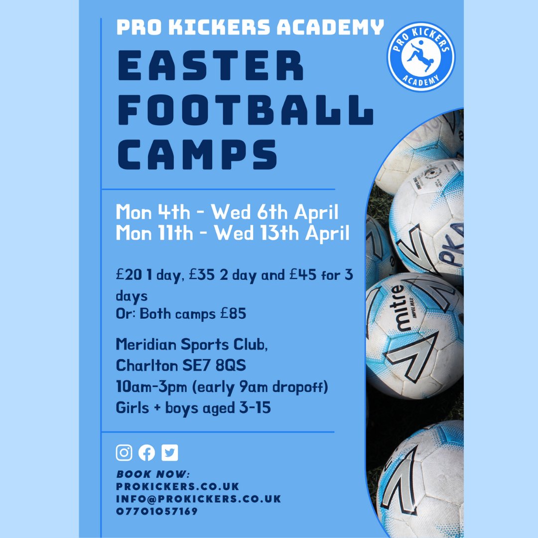 PrimaryAFutures's tweet photo. We're back!!! Check out all the details for our EASTER #FOOTBALL CAMPS below.

Book now: 07701057169 / info@prokickers.co.uk 😎 https://t.co/MTitYclYKZ