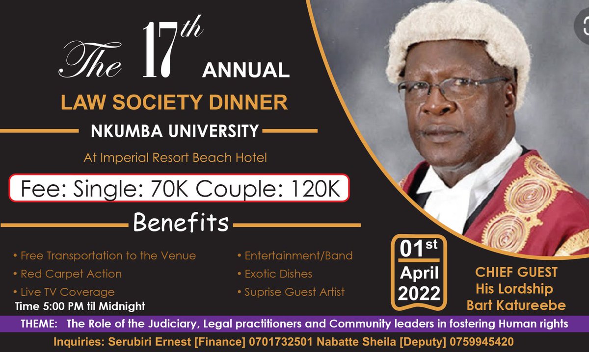 nkumba_law's tweet photo. Did you know that the Dinner is happening next Friday at Imperial Resort Beach Hotel, Entebbe from 4pm?😎🍾🍽

8 days to the long awaited event. Do you have your ticket? @NkumbaUni @ForumGuild @judlub @Jbyam1 @ULSAstudents @nkumbatimes https://t.co/cMBAuCpKHr