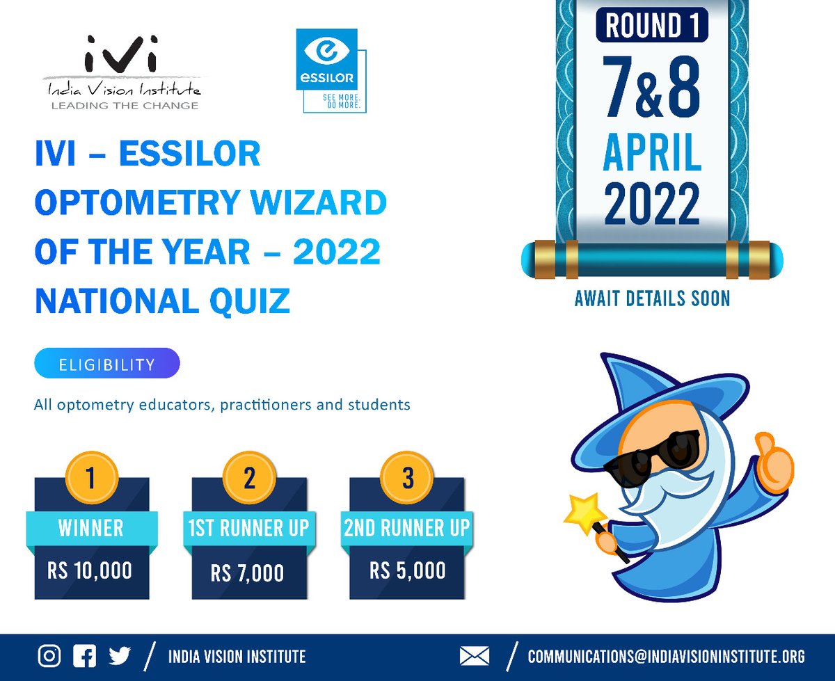 OptometryIndia's tweet photo. Heads Up! for our next exciting event
IVI - Essilor Optometry Wizard, 2022!!!
Round 1 of National Quiz to be held on 7 & 8 April 2022
For more details -Stay connected!
#optometryquiz #optometrist @Essilor #quiz
#wizard2022 #studometry @ShekharNambiar1 https://t.co/3pzBL3Ia14