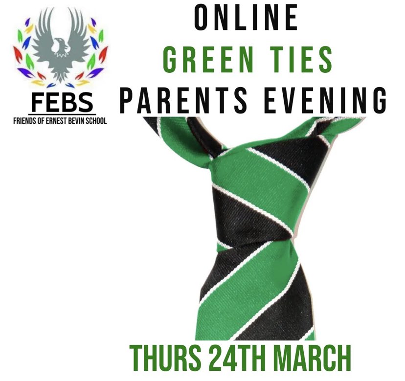 FEBSSW17's tweet photo. π A reminder that the @ErnestBevinColl #GreenTies parentβs evening is today π
πDonβt forget to login using the parents evening system via #SchoolCloud
#BevinValues |#Respect | #Tolerance | #Opportunity |#Resilence | #Happiness https://t.co/ODfUOpD6Dk