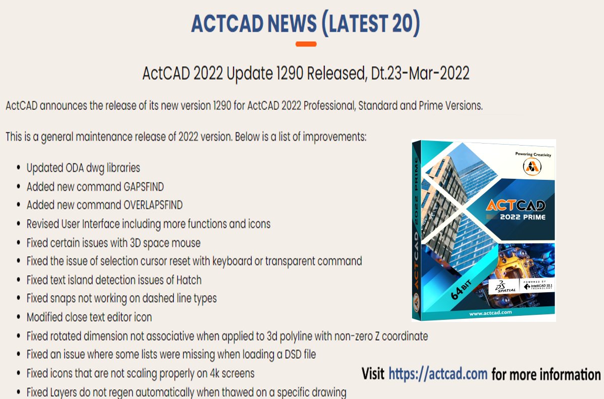 ActCADsoftware's tweet photo. ActCAD 2022 Latest version 10.1.1290 released.
Click on Check for updates  in the Software to get the latest version.
Check out our new commands and latest improvements.
#ActCAD #actcad2022 #Update #intellicad_10_1a #cadsoftware https://t.co/kDujBg8rvG