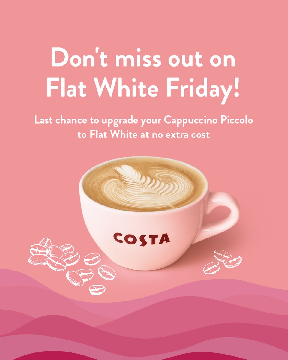 CostaCoffeeInd's tweet photo. TGIFWF = Thank God It's Flat White Friday 😉
ICYMI, tomorrow is the last chance to enjoy our #FlatWhiteFriday offer. Visit any #CostaCoffee outlet in India and you can upgrade your Cappuccino drink to a #FlatWhite at no extra cost. #AnythingButFlat https://t.co/f1UvGif3Oj