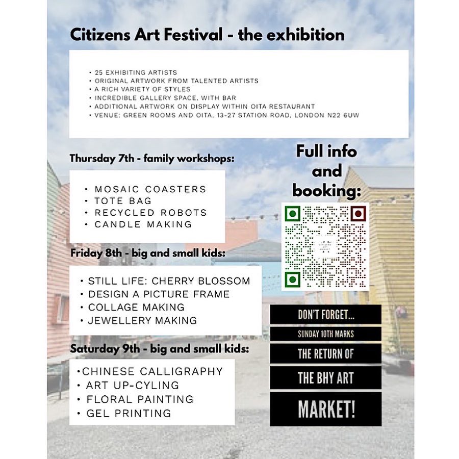 FINAL CALL • Citizens Art Festival, 7-10 April • Exhibition of 20 artists • Programme of 12 art workshops • Three amazing venues • Art market An amazing arts event for the #haringey community. citizensart.market/cam-festival-e… #opencall #artistcall #ArtistOnTwitter #callforart