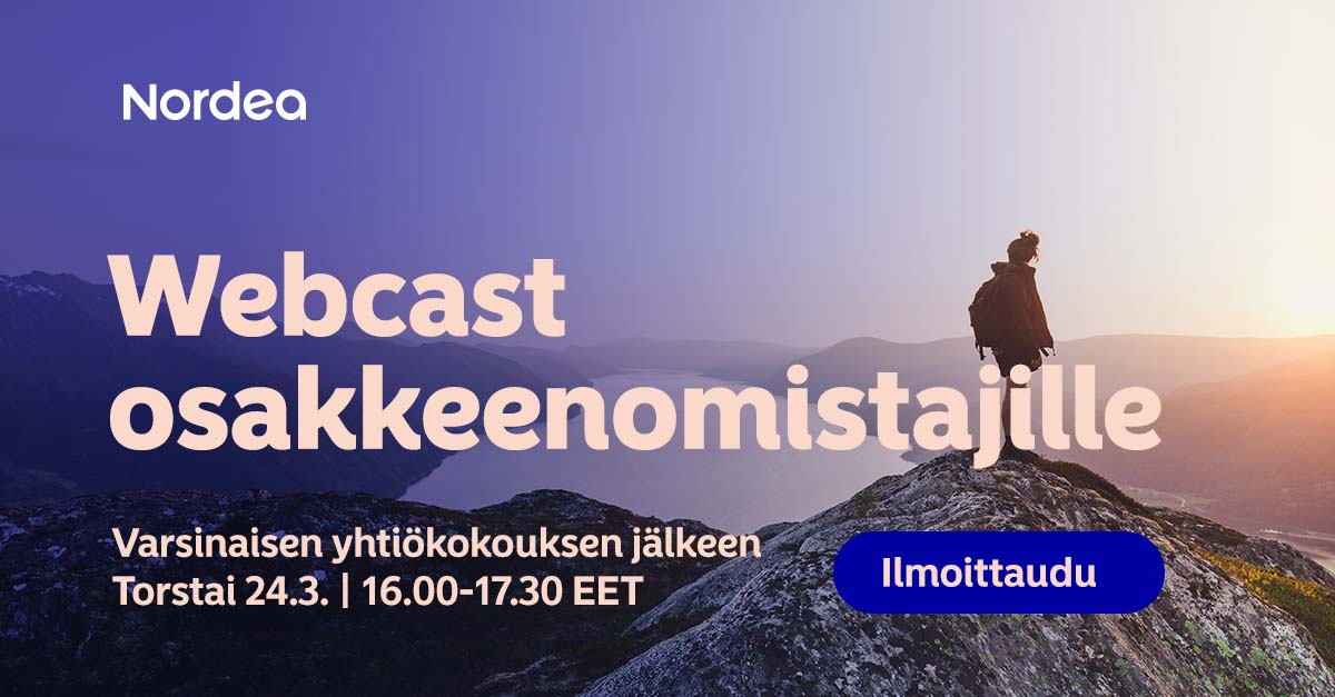 Nordean varsinainen yhtiökokous pidetään tänään 24.3. ja osakkeenomistajille järjestetään webcast-lähetys klo 16.00. Nordean ylin johto vastaa lähetyksessä kysymyksiin ja kertoo lisää tulevista suunnitelmista. Lue osallistumisohjeet täältä: nordea.com/fi/agm #nordea