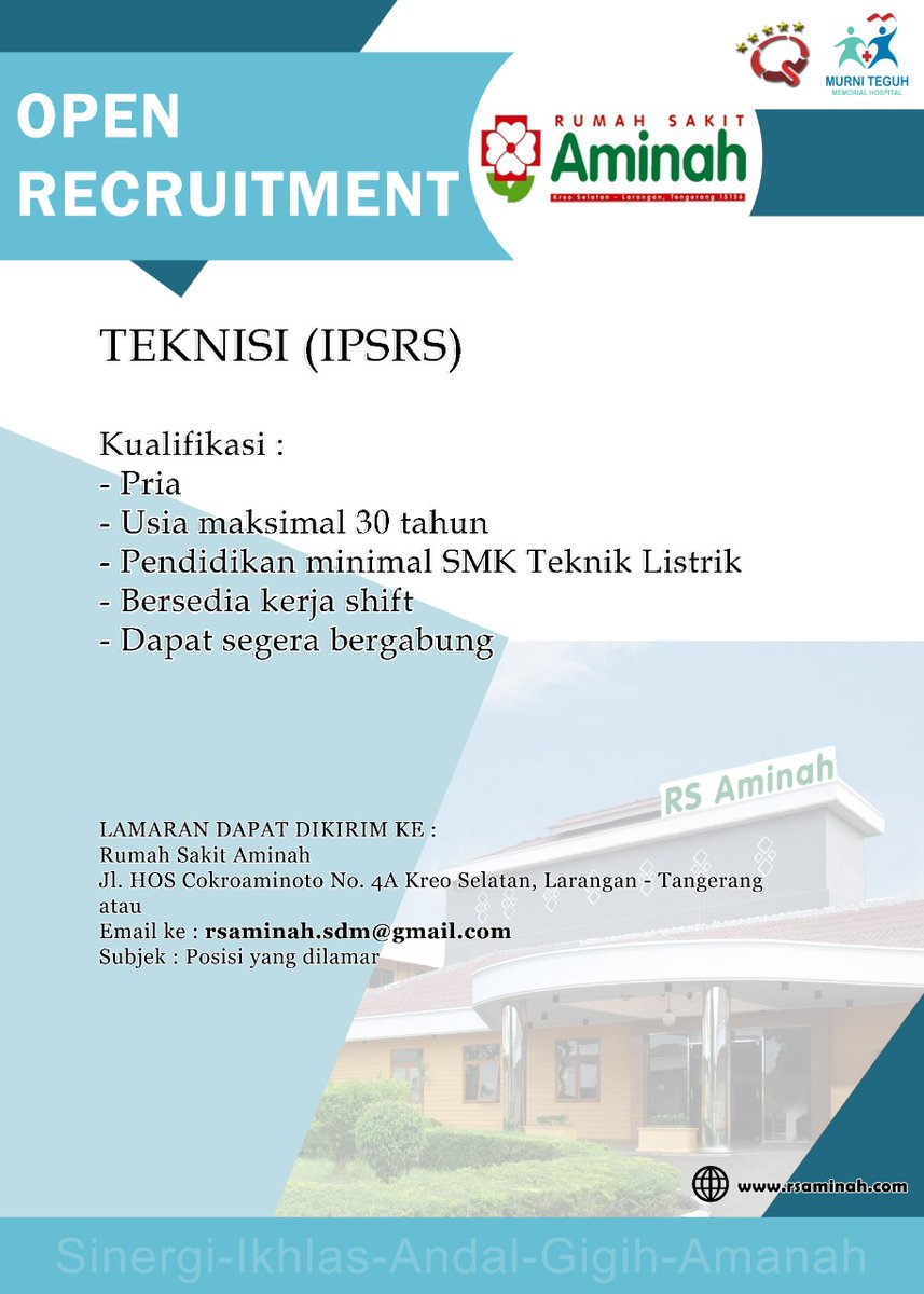 rsmurniteguhct's tweet photo. Urgently needed :
Teknisi (IPSRS)

#Loker 
#MurniTeguh 
#MakeTomorrowMoreHealthy https://t.co/TTZHxG3DVW