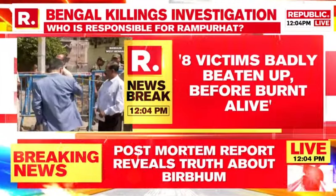 republic's tweet photo. #BREAKING | Autopsy report of Birbhum Victim accessed, reveals 'badly beaten up before being burnt alive'. Tune in for details here - https://t.co/HAjI0YXkOB https://t.co/ffdoIyZnqS