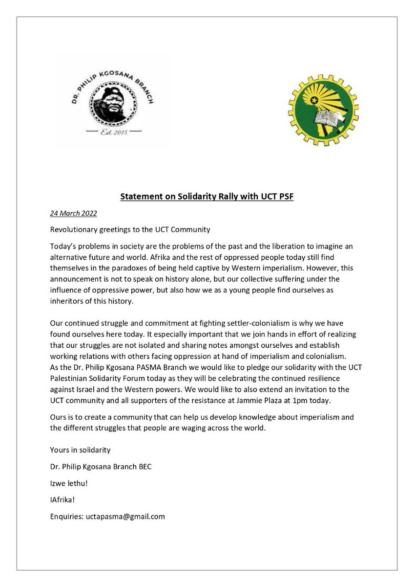 Let’s meet today at 12:45 at North Stop in solidarity with <a href="/UCTPSF1/">UCTPSF</a> on the continued resilience of Palestinians in the face of apartheid.