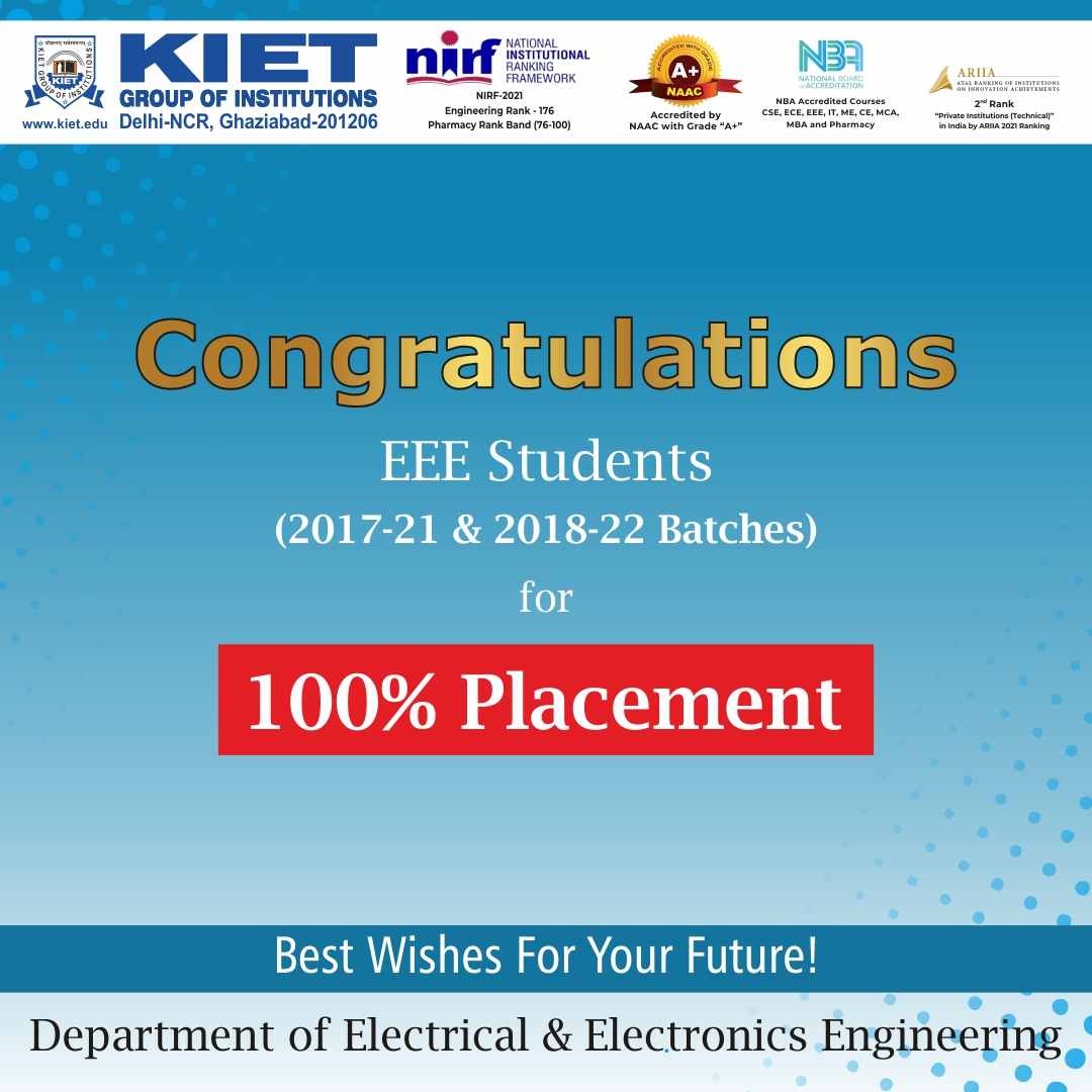 Kiet_edu's tweet image. The #Department_of_Electrical_and_Electronics_Engineering proudly announces that 100% of our students (Batches: 2017-21 &amp;amp; 2018-22) have got #placement in reputed organizations.
#KIETGroupofInstitutions  #ElectricalandElectronicsEngineering #KIETEngineeringCollege