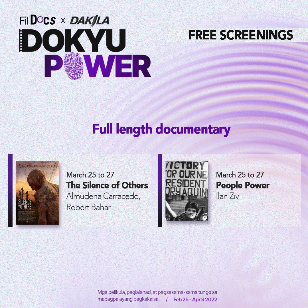 DaangDokyu's tweet photo. Week 4 of Dokyu Power.
We are screening for free from March 25 to 27 The Silence of Others by Almudena Carracedo and Robert Bahar and People Power by Ilan Ziv.
To watch:
https://t.co/hiyR2Vpqaw
#DokyuPower #KwentoNatinTo #fildocs #dakila https://t.co/uX7qRZwFrm