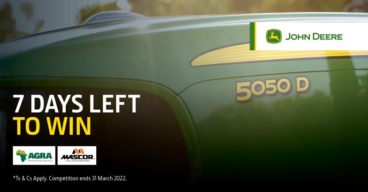 AGRA_Africa's tweet photo. 7 Days left for a chance to WIN a 5050D TWD John Deere Tractor with @JohnDeereAME, #AGRA and #Mascor.

Enter today! Find all the information you need here   https://t.co/7jQHbxLKgG

*Ts &amp; Cs apply. The competition ends 31 March 2022.

#JohnDeereAGRACompetition https://t.co/ILL3kxBcQ4