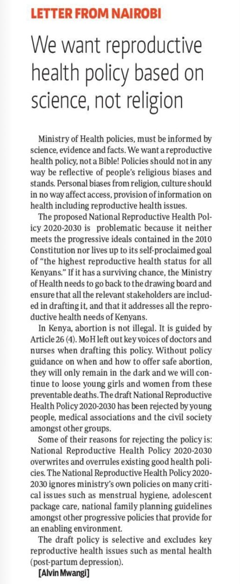 Alvinmwangi254's tweet photo. In Today's @StandardKenya, I share why we should #RejectRHPolicy & #StopTheLaunch by @MOH_Kenya, The policy has problematic, heavily religious & discriminatory language that is exclusionary. Moreover, Its not informed by science: This policy goes against sound medical practice. https://t.co/eqtMRT7XuD