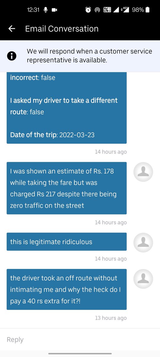 nats1501's tweet photo. @UberINSupport @Uber Is this your customer service? 14 hours no response to a query? 
Had it to be an unpaid query you guys would follow up 10x but this is ridiculous. https://t.co/nE0b7Ycej6