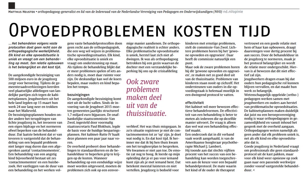 Gisteren in het ND mijn opiniestuk nav betoging jeugdzorg 15 maart: Elk kind en elke opvoedsituatie is uniek en vraagt om een behandeling op maat. Een relatie opbouwen is het belangrijkst en dat kost tijd.