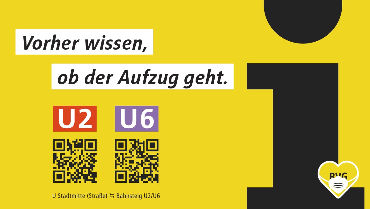 Gemeinsam mit den Sozialhelden starten wir auf den Linien U2 und U6 im U-Bahnhof Stadtmitte unser kostenloses Aufzugs-Abo-Pilotprojekt. Einfach den QR-Code scannen und in Echtzeit per Mail informiert werden, sollte euer Aufzug mal ausfallen. Für mehr Infos - einfach melden. #BVG