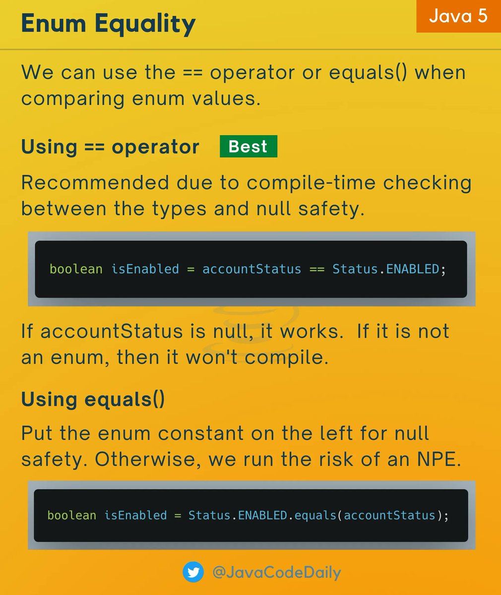 Enums in Java are useful for representing a finite set of possible values.

They offer type safety and make our code more readable.

For enum equality, the == operator is recommended because it offers both compile-time checking between the types and null safety.
