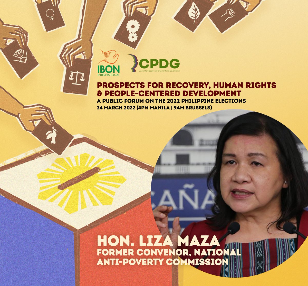 HAPPENING IN AN HOUR!

Register via Zoom: https://t.co/QklQQyO1Sx

MEET THE SPEAKER: The Hon. Liza Maza will join our panel of reactors.

Read more: https://t.co/vckMnv2w6q

#PeoplesDevt #VotePH #Halalan2022 #2022NLE https://t.co/dgboHyQYPk.