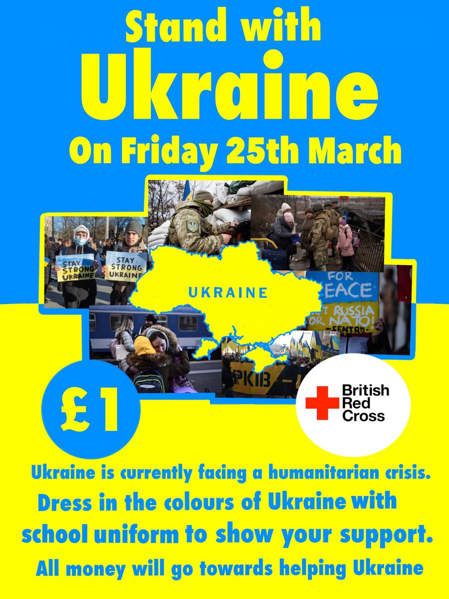 Tomorrow Senior Leadership WA are planning on having a 'Stand with Ukraine Day' where pupils will attend school as normal but with the addition of something blue or yellow. They will be taking donations of £1 for the British Red Cross in Ukraine. <a href="/FalkirkHigh/">Falkirk High School</a>