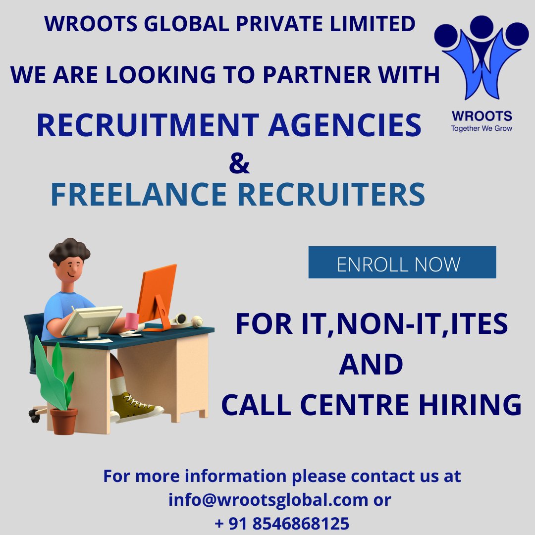 Team_Wroots's tweet photo. We are looking to work with #recruiters and #freelancers pan India for IT, Non-IT, ITeS &amp; BPO Hiring

Get in touch:+91 8546868125 or deepak@wrootsglobal.in

#recruiter #recruiterlife #recruiters #recruiterslife #recruiterproblems #recruiterjobs #recruiterresumerevisions https://t.co/QdPdAwvjq9