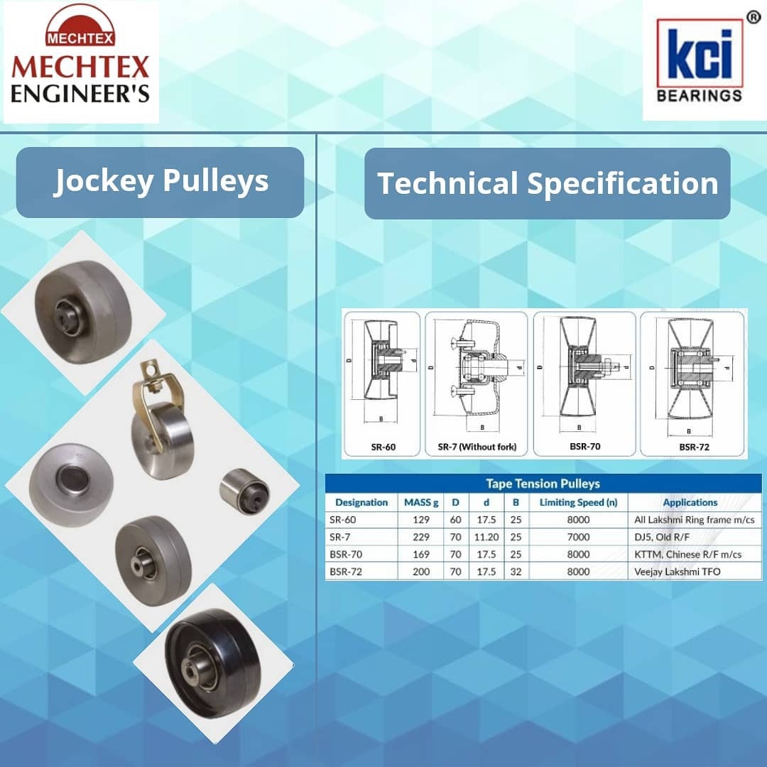 Innovation with Value Addition.
Mechtex Engineers presents “Jockey Pulleys” from the house of M/s. KCI Bearings (India) Pvt. Ltd. one of reputed manufacturer and choice of the OEM’s.
#mechtex #mechtexengineers #machinery #spinning #spinningindustry #equipments #machineryequipment