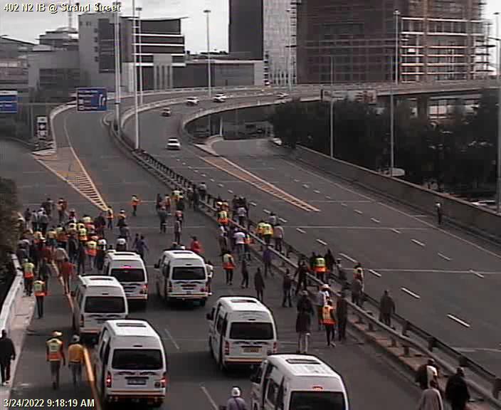 CapeTownFreeway's tweet photo. #Protest_Action #Protesting, N2 Inbound at Strand Street, use alt route and avoid area if possible #ShareTheRoad https://t.co/8EYR26w3KI