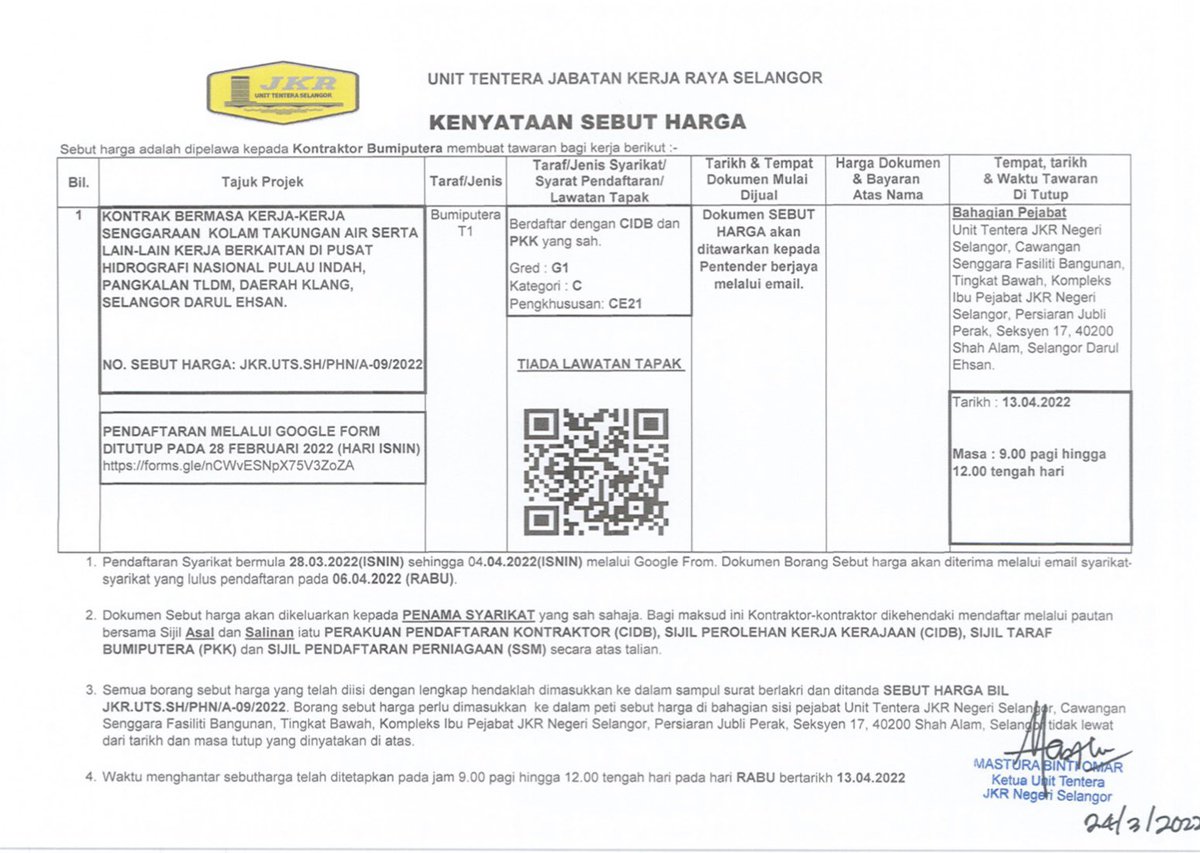Iklan Sebut Harga Senggaraan Awam  di Pangkalan TLDM, Pusat Hidrografi Nasional Pulau Indah, Klang Selangor.
<a href="/syikun/">Muhd Asyikun</a> 
<a href="/masturaomar10/">masturaomar</a> 
<a href="/jkrtudmsubang18/">JKR TUDM SUBANG</a> 
<a href="/JKRSelangor/">JKR Selangor</a> 
<a href="/csfbjkr/">CSFB JKR</a>