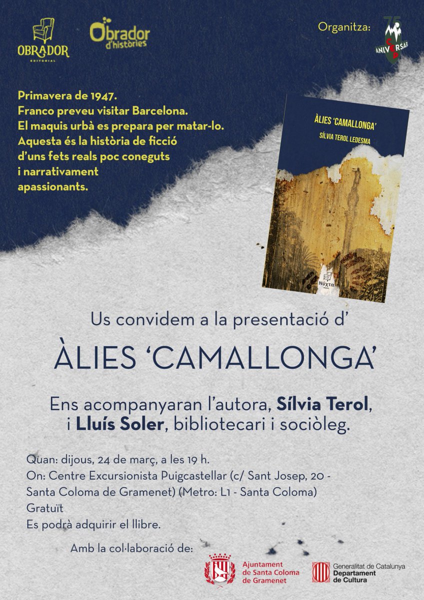 LoretSibila's tweet photo. Avui, #24març a les 19 h, xerrarrem amb Lluís Soler d #ÀliesCamallonga al CEPuigcastellar. Us hi espero! #SantaColoma #Gramenet https://t.co/5etRe9AbVb