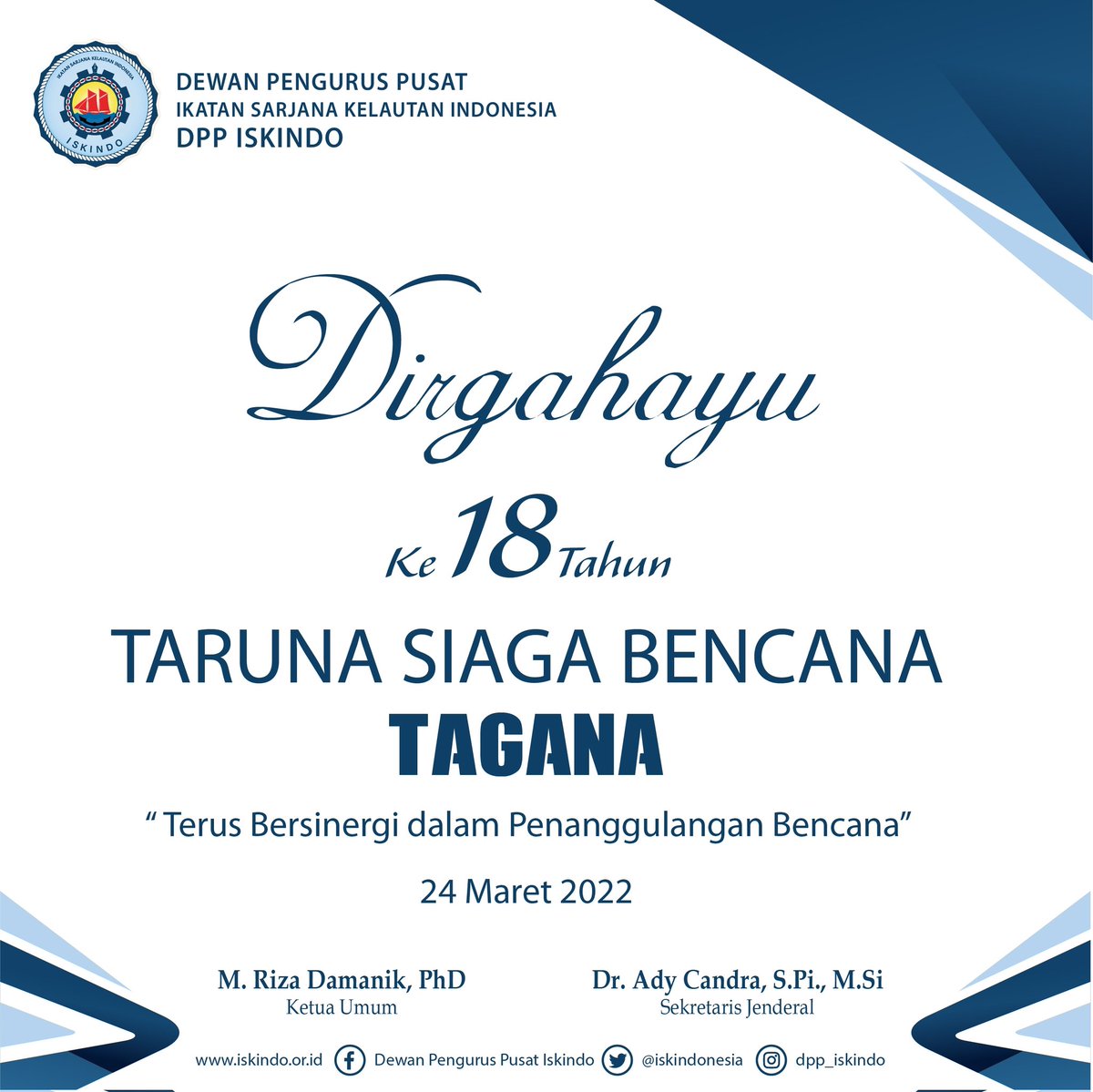 Dirgahayu 18 Tahun 

Taruna Siaga Bencana (TAGANA) 

24 Maret 2022.

“ Terus Bersinergi Dalam Penanggulangan Bencana”

#tagana 
#dirgahayutagana18 
#KolaborasiUntukMaju