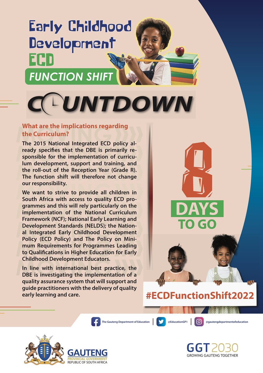 EducationGP1's tweet photo. 8 days to go until the Early Childhood Development (ECD) function officially shifts from @gpgSocDev to @EducationGP1.

@EducationGP1 will takeover all functions relating to ECD in Gauteng as of 1 April 2022.

#ECDFunctionShift2022
#GrowingGautengTogether
#GGT2030 https://t.co/O9rT7kEbzU