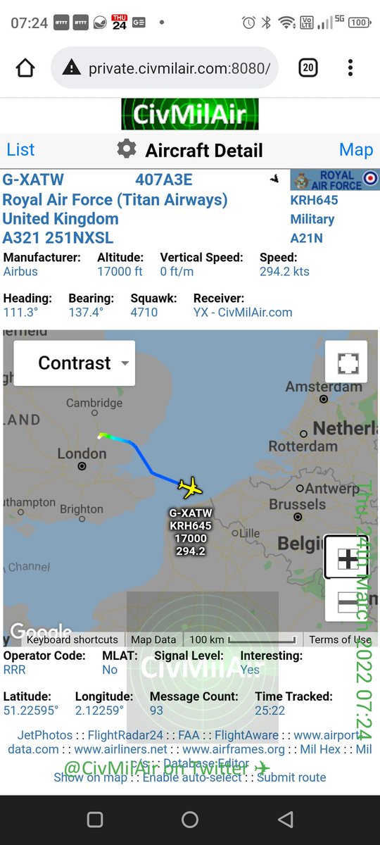 CivMilAir's tweet photo. ✈ #BorisForceOne Boris on his way to Brussels...

🇬🇧 Titan Airways
A21N G-XATW KRH645 https://t.co/MIZHjf9vvL
