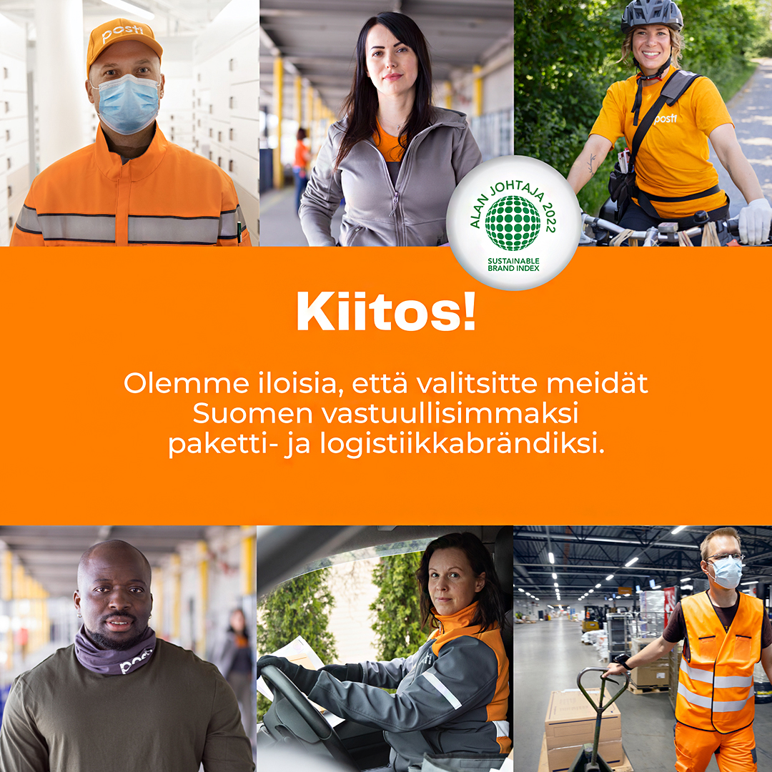 🤩Suomalaiset kuluttajat ovat valinneet Postin vastuullisimmaksi paketti- ja logistiikkabrändiksi vuoden 2022 Sustainable Brand Index™ -tutkimuksessa. Olemme tehneet työtä vastuullisuuden eteen jo pitkään ja olemme otettuja siitä, että suomalaiset kuluttajat ovat sen huomanneet.
