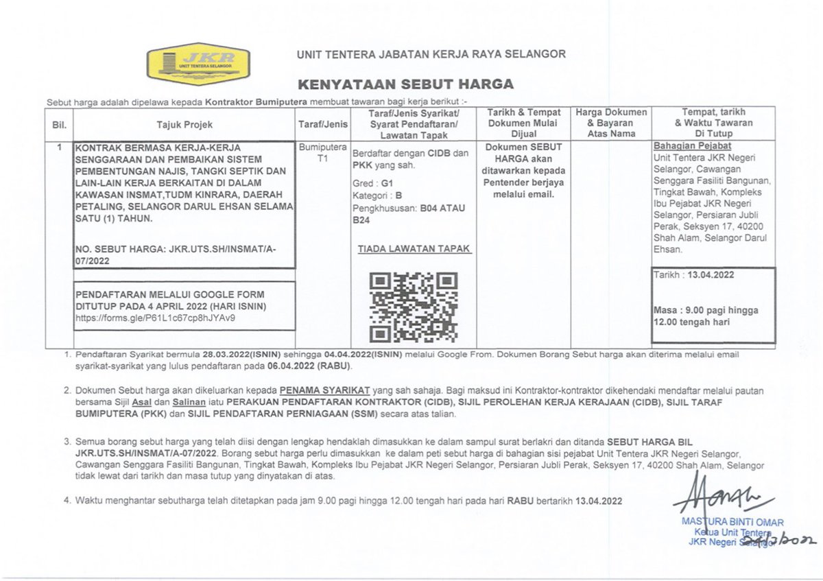 Iklan Sebut Harga Senggaraan Awam  di INSMAT, TUDM Kinrara Puchong, Selangor.
<a href="/syikun/">Muhd Asyikun</a> 
<a href="/masturaomar10/">masturaomar</a> 
<a href="/jkrtudmsubang18/">JKR TUDM SUBANG</a> 
<a href="/JKRSelangor/">JKR Selangor</a> 
<a href="/csfbjkr/">CSFB JKR</a>