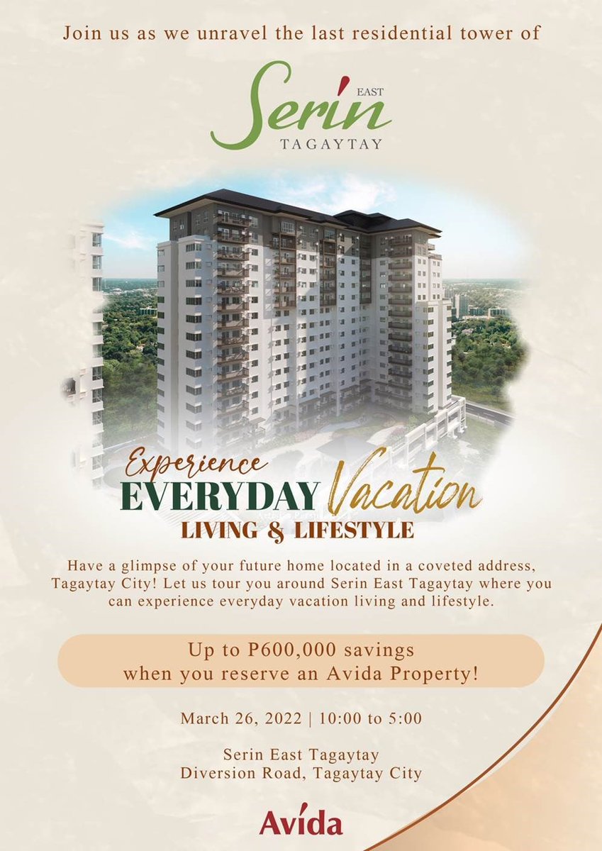 AvidaSalesPH's tweet photo. Wake up to a refreshing view everyday! Know more about Serin Tagaytay by joining us for an exclusive tour this coming Saturday, March 26 10 am to 5 PM. Contact your ASC Property Investment Specialist to set an appointment or send us a direct message. See you!  #SerinEastTagaytay https://t.co/U9gNirzdoO