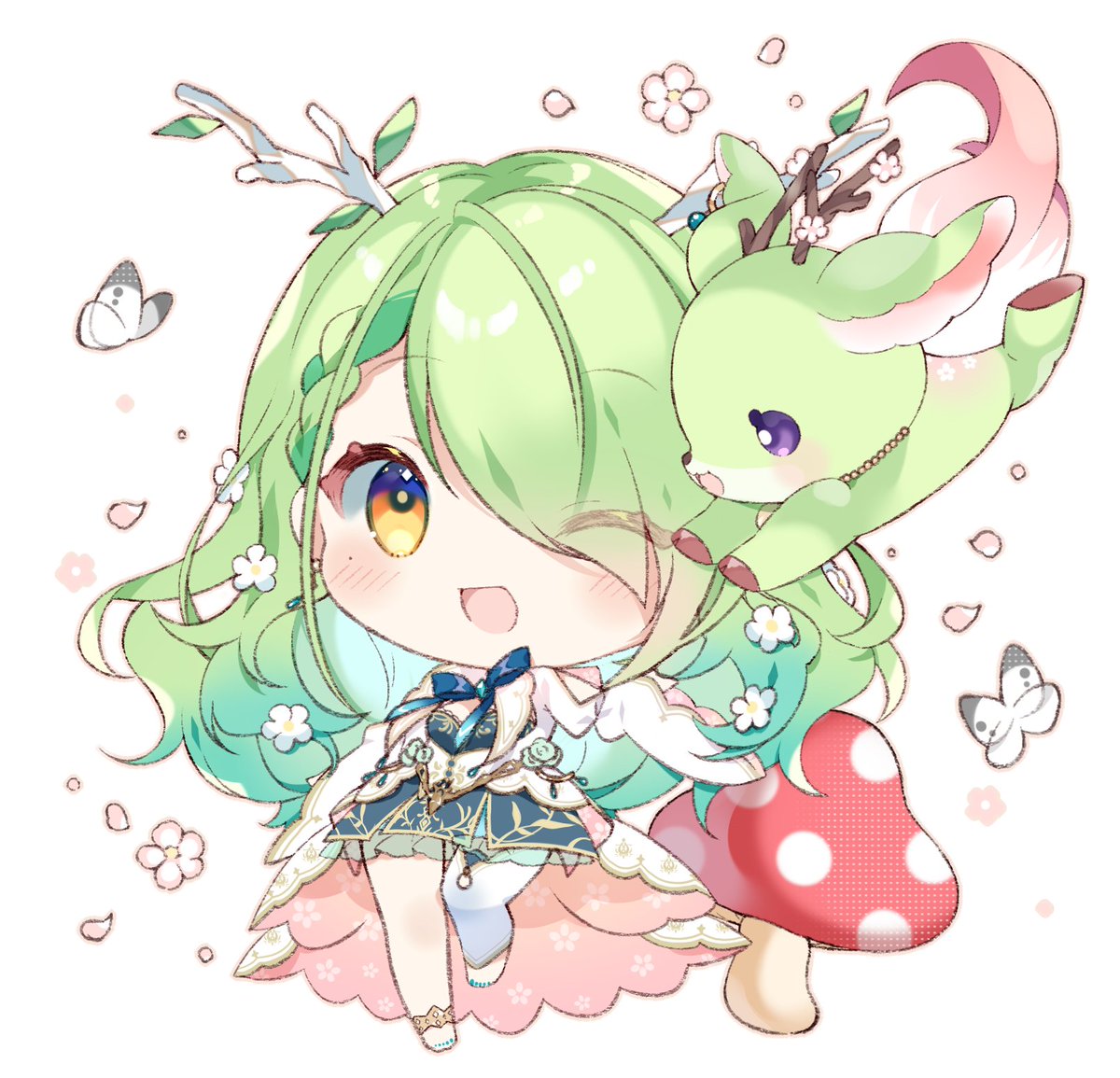 ceres fauna 1girl green hair one eye closed chibi flower braid branch  illustration images