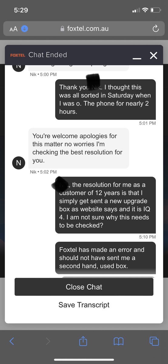 FionaF68's tweet photo. @FOXTEL_Help I have just spent over an hour on your online chat with no resolution. When I asked that I please speak to a supervisor my chat was closed. https://t.co/X8Yez53Hdb