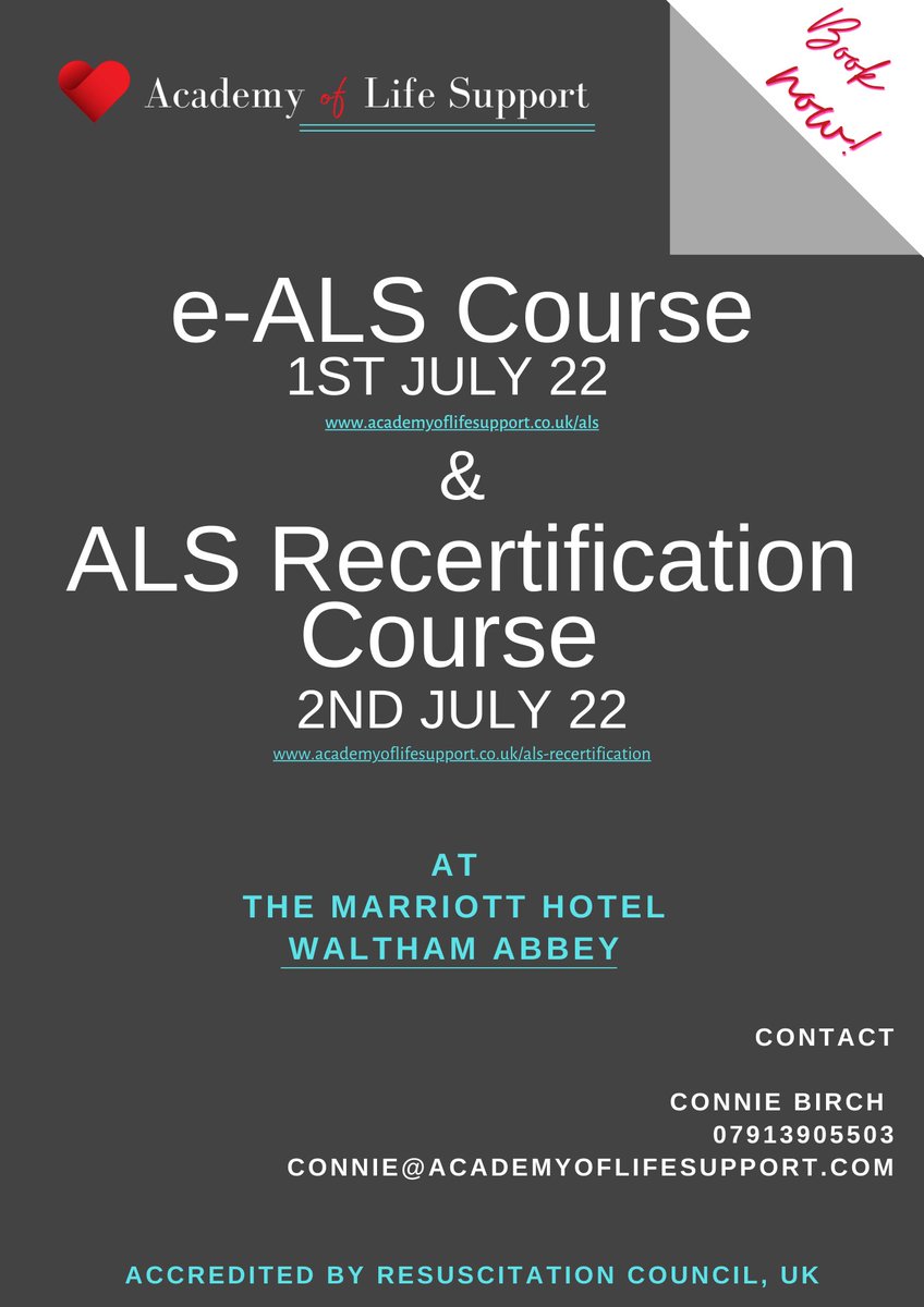 Academy Of Life Support (@academylifesupp) on Twitter photo ALS Recertification Course -2nd July
academyoflifesupport.co.uk/als-recertific…
eALS -1st July
academyoflifesupport.co.uk/als
Accredited by <a href="/ResusCouncilUK/">Resuscitation Council UK</a>
Book directly today- limited spaces available. ALS Recertification Course -2nd July
academyoflifesupport.co.uk/als-recertific…
eALS -1st July
academyoflifesupport.co.uk/als
Accredited by <a href="/ResusCouncilUK/">Resuscitation Council UK</a>
Book directly today- limited spaces available.