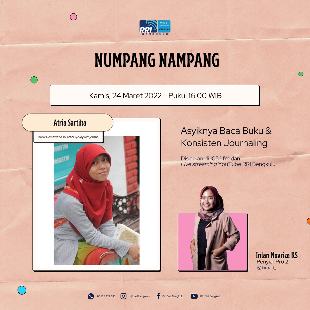 Gimana sih caranya biar rajin baca buku, bikin review &amp; konsisten journaling? Apa aja manfaat yang dirasakan? Nanti sore kita ngobrol-ngobol sama Kak @atriasartika yaww!

#NumpangNampang #TempatNampangGenerasiKreatif