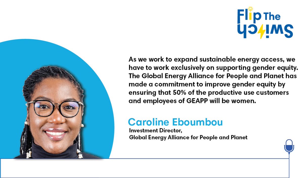 It was great to have @CarolineEboumb from the @EnergyAlliance share her global perspective on the 2nd episode of #FlipTheSwitch, the energy #Podcast. Have you heard it yet? Listen: bit.ly/SPI_P2 #GreenTheGap #GreenTheGenderGap #LetsChangeEnergy #NewPodcast