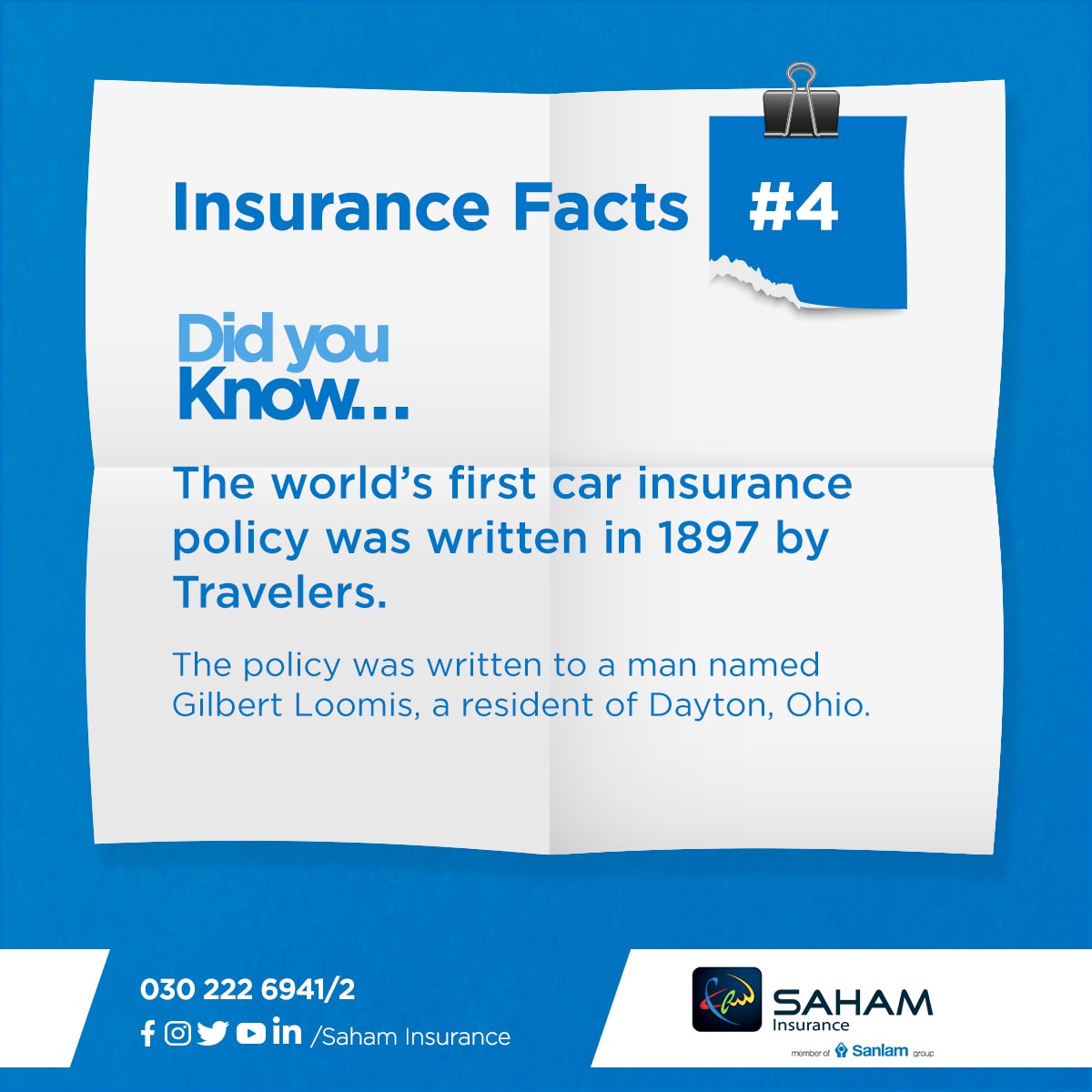 SanlamGhana's tweet photo. It's a throwback Thursday 🔙
.
Did you know...
The world’s first car insurance policy was written in 1897 by Travelers?
.
The policy was written to a man named Gilbert Loomis, a resident of Dayton, Ohio.
.
.
#InsuranceFacts #SahamInsurance #Insurance #TBT #ThrowBackThursday https://t.co/zDsIk3FrEo