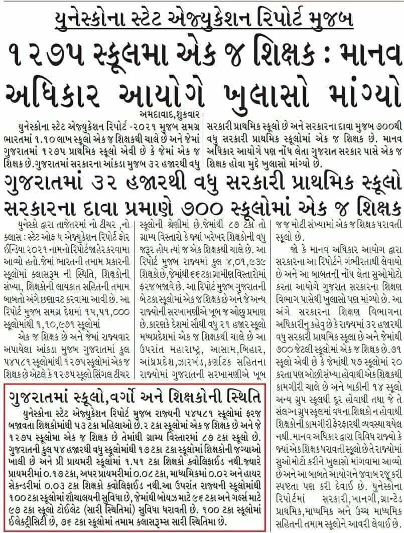 ivishaljpatel's tweet photo. યુનેસ્કોના સ્ટેટ એજ્યુકેશન રિપોર્ટ મુજબ,

૧૨૭૫ સ્કૂલમા એક જ શિક્ષક : માનવ અધિકાર આયોગે ખુલાસો માંગ્યો.
ગુજરાતમાં ૩૨ હજારથી વધુ સરકારી પ્રાથમિક સ્કૂલો સરકારના દાવા પ્રમાણે ૭૦૦ સ્કૂલોમાં એક જ શિક્ષક.
#JituBhaiDebateKaro https://t.co/NlM7swnzZ9