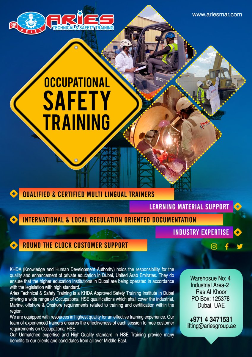 Aries_Engg_Insp's tweet photo. Aries Technical &amp; Safety Training is approved by KHDA, in UAE for the provision of Occupational health and safety training and certification services.

Find the list of Trainings, assessments and certifications here https://t.co/bNIfiCQUXl https://t.co/95lkzRVknO