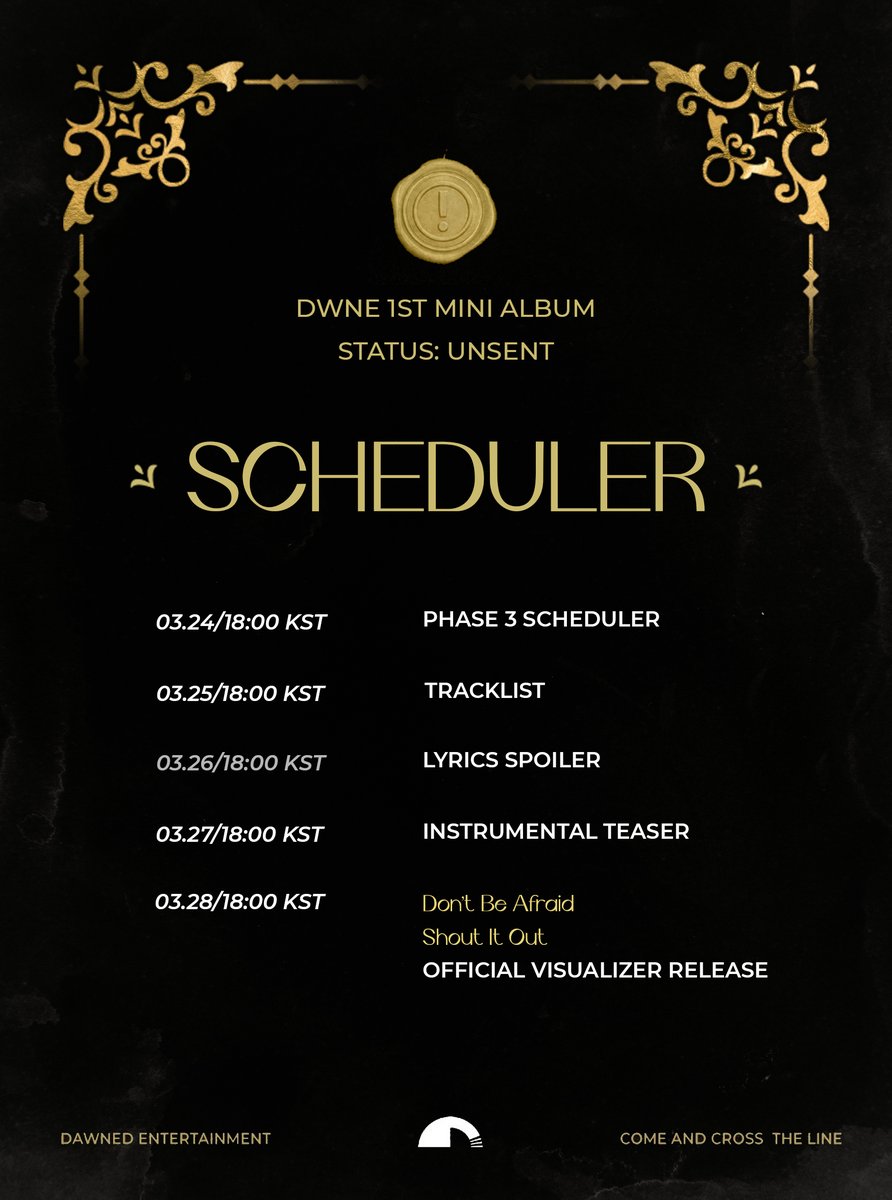 dwneofficial's tweet photo. STATUS: Unsent ✉
PHASE 3: Scheduler 

④ Don't Be Afraid
⑤ Shout It Out
2022.03.28 

#Status_UNSENT
#DBA_ShoutItOut_Release
#DWNE https://t.co/2OS1796Q7m