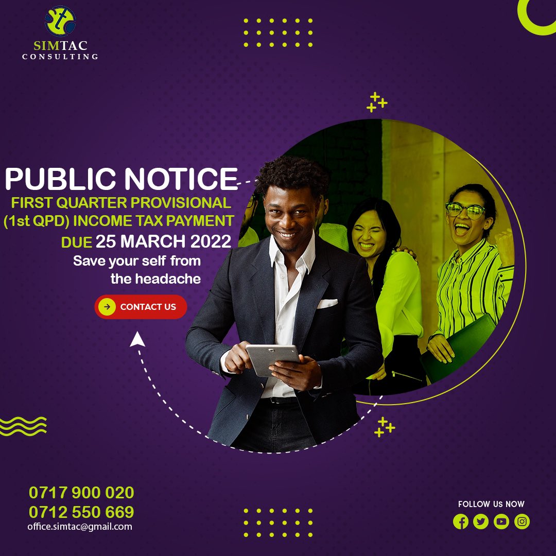 SimtacS's tweet photo. Are you worried that your first quarter provisional (1st QPD) income tax payment is due?
Let us lighten your workload and save you from the headache. Contact us today! https://t.co/qXe9CHqUAo