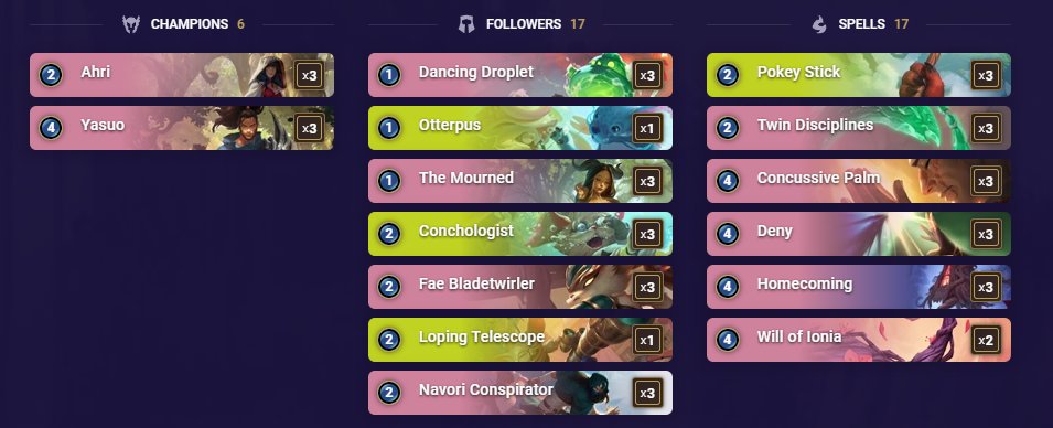 Sharing what I've been building and playing in Runeterra lately with the new balance patch coming up and resetting stuff.

Ahri/Yasuo has been my most winning homebrew deck, hanging around in the 200's lp masters consistently.  Conch is nuts in these regions.