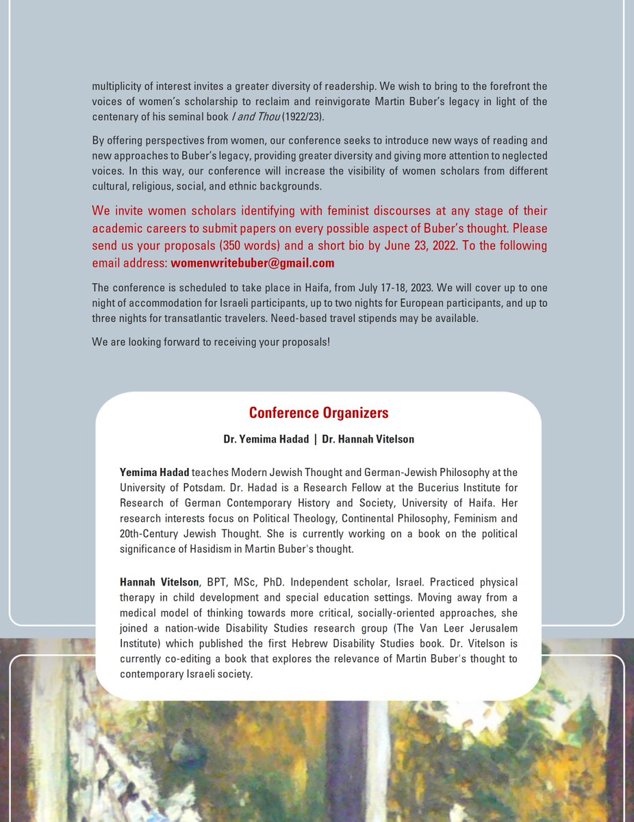 CFP 📣
Women Write Buber (Conference): 100 Anniversary of I and Thou (1923)
University of Haifa | July 17-18, 2023