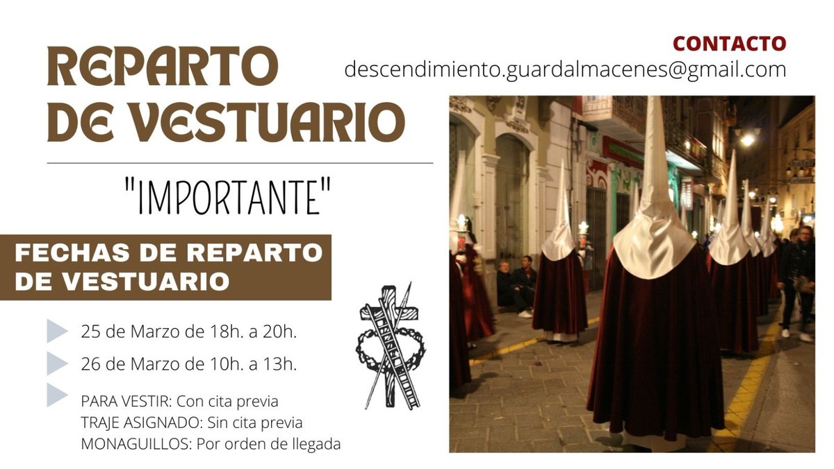 📣 ENTREGA DE VESTUARIO 📣

▶️ Tercio del Descendimiento
▶️ Tercio de la Primera Caída

⏰ Viernes 25 de 18 a 20h
⏰ Sábado 26 de 10 a 13h
📌 Almacén (Callejón de Bretau, 2º piso)

Se requiere cita previa para los nuevos penitentes que requieran prueba de vestuario.